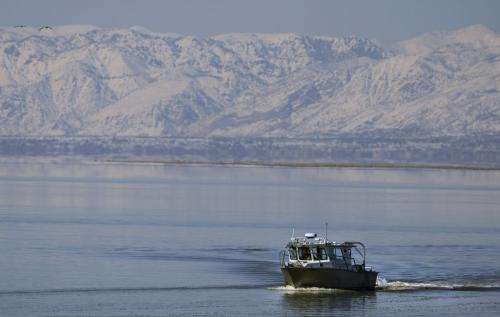 (Leah Hogsten | The Salt Lake Tribune) A boat with the Great Salt Lake Ecosystem Program surveys the Great Salt Lake on Thursday, April 6, 2023.